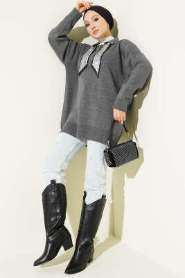 Gömlek Yaka Fularlı Triko Tunik Füme - Tunik