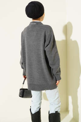 Gömlek Yaka Fularlı Triko Tunik Füme - Tunik