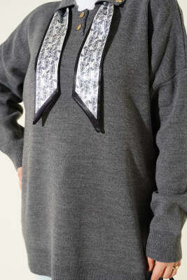 Gömlek Yaka Fularlı Triko Tunik Füme - Tunik