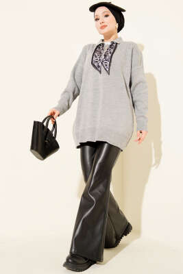 Gömlek Yaka Fularlı Triko Tunik Gri - Tunik