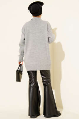 Gömlek Yaka Fularlı Triko Tunik Gri - Tunik