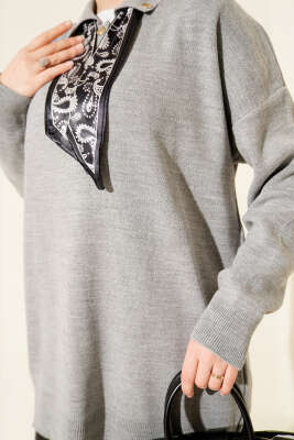 Gömlek Yaka Fularlı Triko Tunik Gri - Tunik