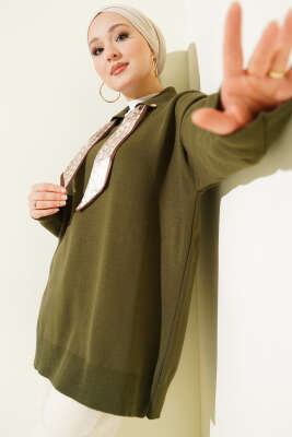 Gömlek Yaka Fularlı Triko Tunik Haki - RAFİMİX