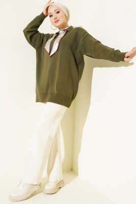 Gömlek Yaka Fularlı Triko Tunik Haki - Tunik