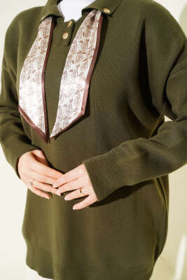 Gömlek Yaka Fularlı Triko Tunik Haki - Tunik