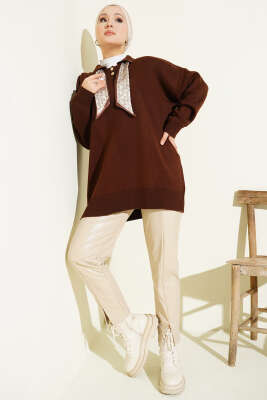 Gömlek Yaka Fularlı Triko Tunik Kahve - Tunik