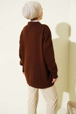Gömlek Yaka Fularlı Triko Tunik Kahve - Tunik