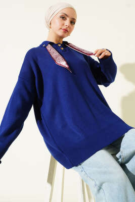 Gömlek Yaka Fularlı Triko Tunik Lacivert - RAFİMİX