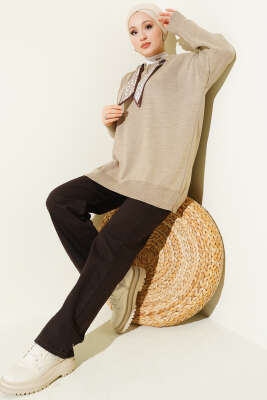 Gömlek Yaka Fularlı Triko Tunik Latte - Tunik