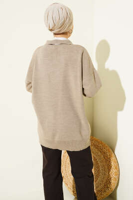 Gömlek Yaka Fularlı Triko Tunik Latte - Tunik