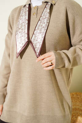 Gömlek Yaka Fularlı Triko Tunik Latte - Tunik