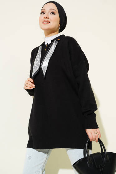 Gömlek Yaka Fularlı Triko Tunik Siyah - Tunik