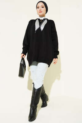Gömlek Yaka Fularlı Triko Tunik Siyah - Tunik