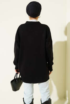 Gömlek Yaka Fularlı Triko Tunik Siyah - Tunik