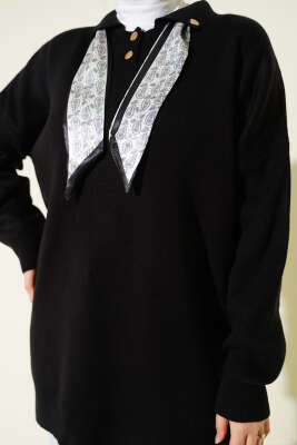 Gömlek Yaka Fularlı Triko Tunik Siyah - Tunik