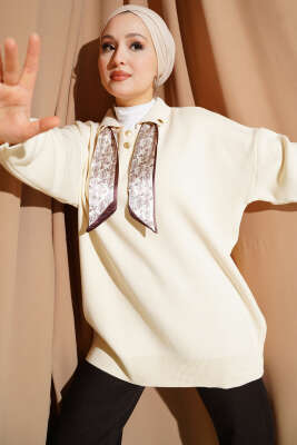 Gömlek Yaka Fularlı Triko Tunik Taş - RAFİMİX