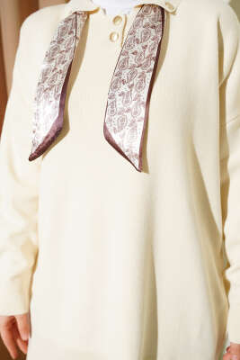 Gömlek Yaka Fularlı Triko Tunik Taş - Tunik