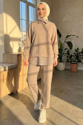 Gömlek Yaka Garnili İkili Takım Bej - HATUN