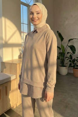 Gömlek Yaka Garnili İkili Takım Bej - İkili Takım