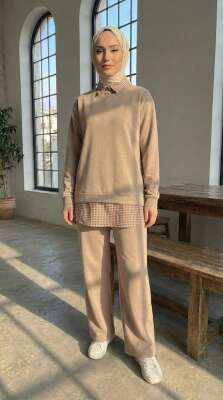 Gömlek Yaka Garnili İkili Takım Bej - HATUN