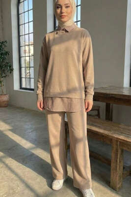 Gömlek Yaka Garnili İkili Takım Bej - İkili Takım