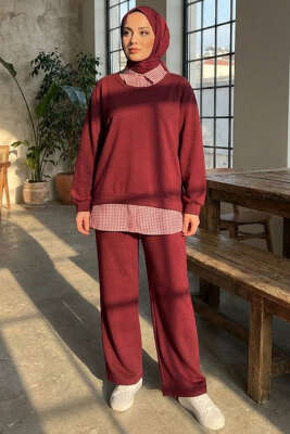 Gömlek Yaka Garnili İkili Takım Bordo - HATUN