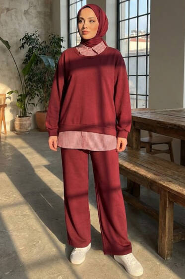 Gömlek Yaka Garnili İkili Takım Bordo - İkili Takım