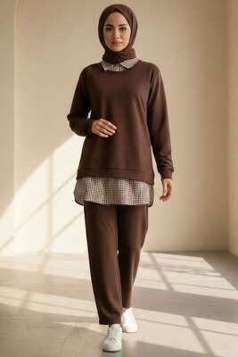 Gömlek Yaka Garnili İkili Takım Kahve - HATUN