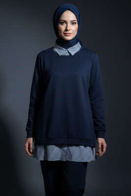 Gömlek Yaka Garnili İkili Takım Lacivert - HATUN