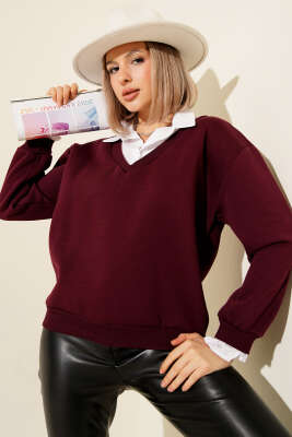 Gömlek Yaka Garnili Şardonlu Sweatshirt Bordo - Kadın Giyim Modelleri