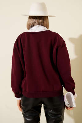 Gömlek Yaka Garnili Şardonlu Sweatshirt Bordo - Kadın Giyim Modelleri