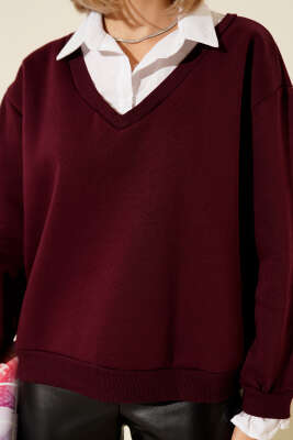 Gömlek Yaka Garnili Şardonlu Sweatshirt Bordo - Kadın Giyim Modelleri