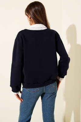 Gömlek Yaka Garnili Şardonlu Sweatshirt Lacivert - Kadın Giyim Modelleri