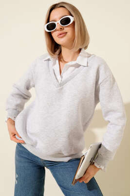 Gömlek Yaka Garnili Şardonlu Sweatshirt Melanj Gri - CALİENTE