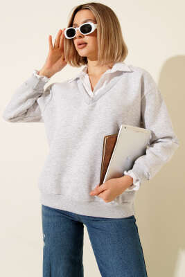 Gömlek Yaka Garnili Şardonlu Sweatshirt Melanj Gri - Kadın Giyim Modelleri