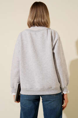 Gömlek Yaka Garnili Şardonlu Sweatshirt Melanj Gri - Kadın Giyim Modelleri