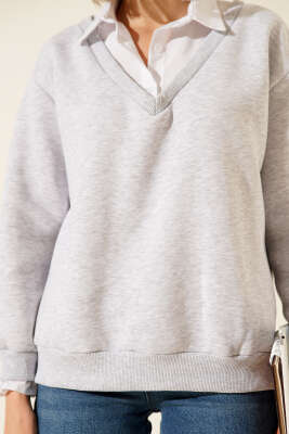 Gömlek Yaka Garnili Şardonlu Sweatshirt Melanj Gri - Kadın Giyim Modelleri