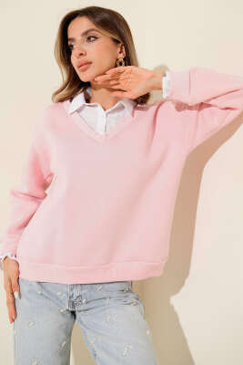 Gömlek Yaka Garnili Şardonlu Sweatshirt Pembe 
