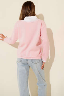 Gömlek Yaka Garnili Şardonlu Sweatshirt Pembe - Kadın Giyim Modelleri