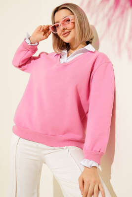 Gömlek Yaka Garnili Şardonlu Sweatshirt Pembe - Kadın Giyim Modelleri