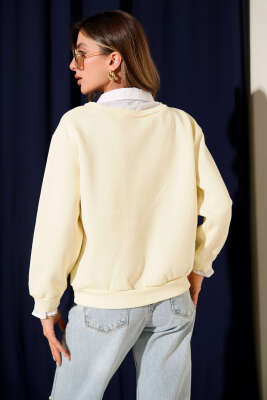 Gömlek Yaka Garnili Şardonlu Sweatshirt Sarı - Kadın Giyim Modelleri