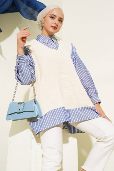Gömlek Yaka Garnili Süveter Bej Lacivert - Triko