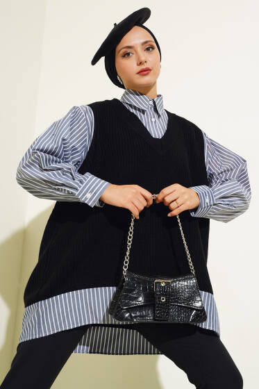 Gömlek Yaka Garnili Süveter Füme Siyah - Triko