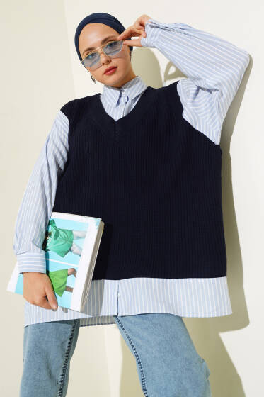 Gömlek Yaka Garnili Süveter Mavi Lacivert - Triko