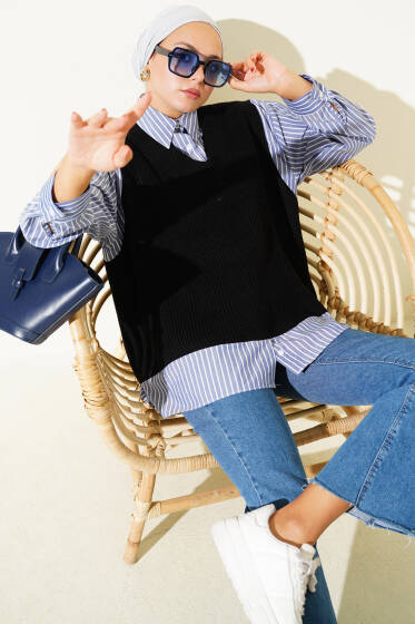 Gömlek Yaka Garnili Süveter Siyah Lacivert - Triko