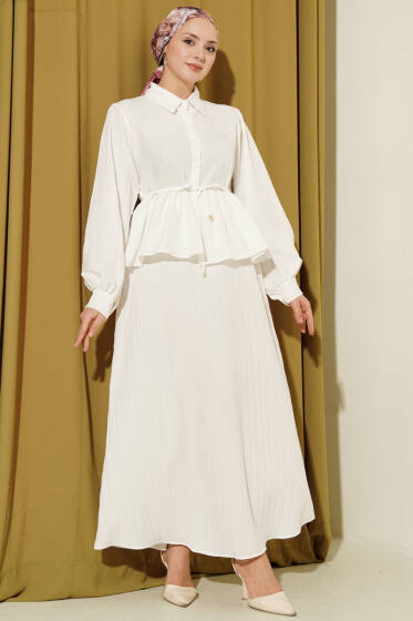 Gömlek Yaka İp Bağcıklı Etekli İkili Takım Beyaz - İkili Takım