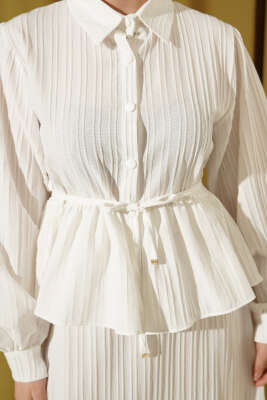 Gömlek Yaka İp Bağcıklı Etekli İkili Takım Beyaz - İkili Takım