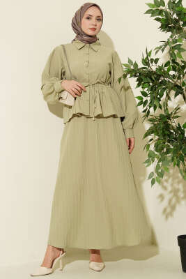 Gömlek Yaka İp Bağcıklı Etekli İkili Takım Çağla Yeşili - TABLO FASHİON