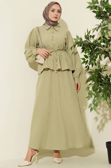 Gömlek Yaka İp Bağcıklı Etekli İkili Takım Çağla Yeşili - İkili Takım