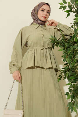 Gömlek Yaka İp Bağcıklı Etekli İkili Takım Çağla Yeşili - İkili Takım